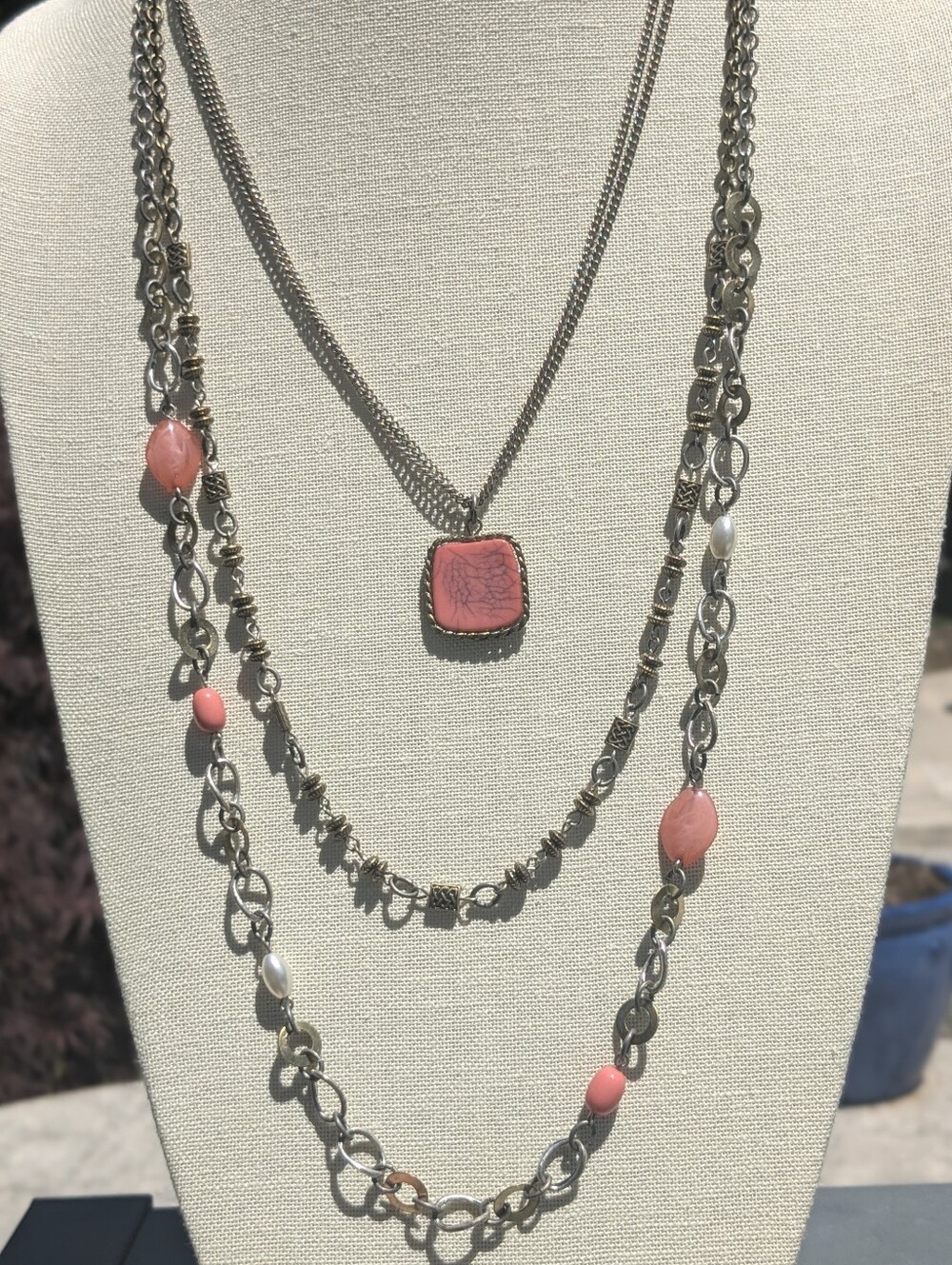 Vintage Layered Pink & Silver Tone Necklace – Multi Strand Boho Statement Piece